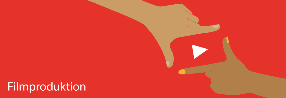 Zwei Hände halten ein rotes Rechteck mit einem weissen Play-Button auf rotem Hintergrund, darunter steht 'Filmproduktion'. Symbolisiert den Start und die Zusammenarbeit bei der Erstellung von Filmen oder Videos.